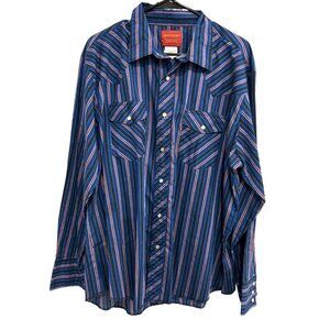 Rustler Mens Blue Red Striped Western Shirt Pearl Buttons Long Sleeve Sz XL